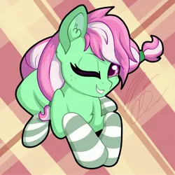 Size: 3312x3312 | Tagged: safe, artist:gleamydreams, earth pony, pony, abstract background, clothes, cute, female, high res, looking at you, lying down, mare, minty (g4), one eye closed, prone, signature, smiling, smiling at you, socks, solo, striped socks, wink, winking at you