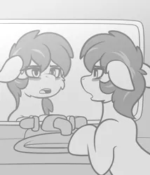 Size: 1280x1493 | Tagged: safe, artist:whitepone, derpibooru import, oc, unofficial characters only, earth pony, earth pony oc, grayscale, image, mirror, monochrome, png, sink, solo