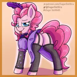 Size: 2200x2200 | Tagged: suggestive, artist:sugardotxtra, derpibooru import, pinkie pie, earth pony, butt, clothes, dress, feather, fishnets, image, png, saloon dress, solo, tongue out