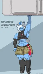 Size: 859x1449 | Tagged: safe, artist:mopyr, derpibooru import, oc, oc:moosin, unofficial characters only, anthro, original species, abs, black sclera, clothes, femboy, gloves, horn, image, lifting, long gloves, looking at you, male, muscles, muscular femboy, muscular male, png, refrigerator, skintight clothes, solo, strong, talking to viewer, wide hips