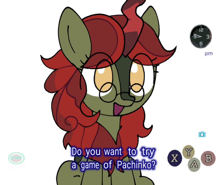 Size: 858x720 | Tagged: safe, artist:omelettepony, derpibooru import, oc, oc:pine pyre, unofficial characters only, kirin, buttons, camera, clock, female, glasses, image, kirinified, open mouth, open smile, png, quadrupedal, ryo hazuki, simple background, smiling, solo, species swap, talking, talking to viewer, text, transparent background