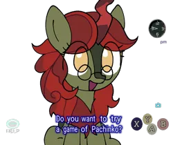 Size: 858x720 | Tagged: safe, artist:omelettepony, derpibooru import, oc, oc:pine pyre, unofficial characters only, kirin, buttons, camera, clock, female, glasses, image, kirinified, open mouth, open smile, png, quadrupedal, ryo hazuki, simple background, smiling, solo, species swap, talking, talking to viewer, text, transparent background