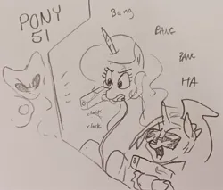 Size: 2048x1741 | Tagged: safe, artist:pony quarantine, derpibooru import, princess celestia, oc, oc:dyx, alicorn, pony, arcade game, duo, female, filly, foal, grayscale, hoof hold, image, jpeg, mare, monochrome, mouth hold, open mouth, open smile, pencil drawing, smiling, sunglasses, traditional art