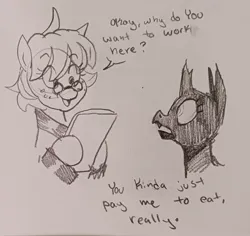 Size: 2048x1935 | Tagged: safe, artist:pony quarantine, derpibooru import, oc, oc:red the prostitute, unofficial characters only, changeling, earth pony, pony, changeling oc, dialogue, duo, female, glasses, grayscale, image, jpeg, mare, monochrome, pencil drawing, traditional art