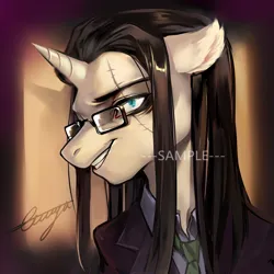 Size: 780x780 | Tagged: safe, artist:ciciya, derpibooru import, oc, unofficial characters only, unicorn, clothes, glasses, horn, image, jpeg, necktie, scar, solo, stitches, suit, unicorn oc, watermark