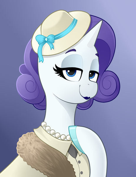 Size: 992x1288 | Tagged: safe, artist:waffletheheadmare, derpibooru import, rarity, bust, fur, hat, image, jewelry, necklace, pearl necklace, png, portrait, simple background, smiling