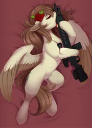 Size: 2160x3000 | Tagged: artist needed, source needed, suggestive, derpibooru import, oc, unofficial characters only, pegasus, pony, belly, belly button, colored wings, female, flower, flower in hair, gun, image, jpeg, licking, lying down, multicolored wings, pegasus oc, rifle, scope, sniper rifle, solo, tongue out, two toned wings, weapon, wings