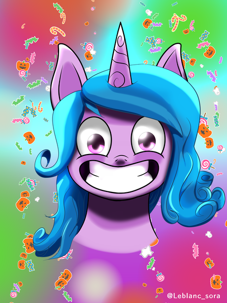 Size: 2448x3264 | Tagged: safe, artist:lightning-runner18, derpibooru import, izzy moonbow, bat, ghost, pony, undead, unicorn, g5, big grin, big smile, candy, candy cane, female, food, gradient background, grin, halloween, halloween 2021, holiday, image, jack-o-lantern, lollipop, looking at you, mare, png, pumpkin, smiling, smiling at you, solo