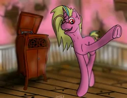 Size: 2311x1787 | Tagged: safe, artist:kage, derpibooru import, oc, oc:astra(fallout equestria), pony, unicorn, fallout equestria, image, jpeg, phonograph, record player, smiling