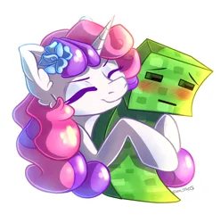 Size: 2060x2080 | Tagged: safe, artist:yuris, derpibooru import, sweetie belle, pony, unicorn, adult, alternate hairstyle, blushing, bust, creeper, creeper (minecraft), cute, ears up, eyes closed, female, flower, flower in hair, hug, image, minecraft, png, portrait, simple background, smiling, white background