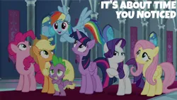 Size: 2000x1125 | Tagged: safe, derpibooru import, edit, edited screencap, editor:quoterific, screencap, applejack, fluttershy, pinkie pie, rainbow dash, rarity, spike, twilight sparkle, the beginning of the end, image, mane six, png