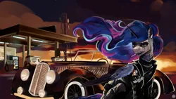 Size: 2560x1440 | Tagged: safe, artist:krapinkaius, derpibooru import, princess luna, alicorn, car, cigarette, clothes, ear piercing, ethereal mane, eyeshadow, gas station, image, leather, leather vest, makeup, piercing, png, radio station, vest