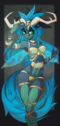 Size: 972x2048 | Tagged: suggestive, artist:dodsie, derpibooru import, queen chrysalis, anthro, changeling, changeling queen, antlers, armor, belly button, black fur, bracelet, breasts, choker, eyelashes, face paint, female, green eyes, image, insect wings, jewelry, jpeg, leg rings, looking at you, reasonably sized breasts, smiling, unconvincing armor, wings