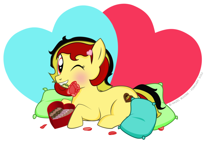 Size: 1821x1259 | Tagged: safe, artist:hazel bloons, derpibooru import, oc, oc:chocolate sweets, unofficial characters only, earth pony, pony, 2023, blushing, box of chocolates, chocolate, cutie mark, derpibooru exclusive, eyelashes, female, flower, flower in mouth, food, hairclip, heart, heart background, holiday, image, looking at you, lying down, mouth hold, multicolored mane, one eye closed, petals, pillow, png, red eyes, rose, rose petals, signature, simple background, solo, transparent background, valentine's day, wink, winking at you, yellow coat