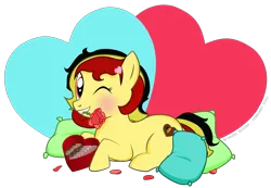 Size: 1821x1259 | Tagged: safe, artist:hazel bloons, derpibooru import, oc, oc:chocolate sweets, unofficial characters only, earth pony, pony, 2023, blushing, box of chocolates, chocolate, cutie mark, derpibooru exclusive, eyelashes, female, flower, flower in mouth, food, hairclip, heart, heart background, holiday, image, looking at you, lying down, mouth hold, multicolored mane, one eye closed, petals, pillow, png, red eyes, rose, rose petals, signature, simple background, solo, transparent background, valentine's day, wink, winking at you, yellow coat