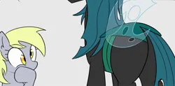 Size: 1677x828 | Tagged: safe, artist:icey, derpibooru import, derpy hooves, queen chrysalis, changeling, changeling queen, pony, butt, duo, duo female, female, image, jpeg, mare, plot, simple background, white background, wip