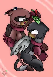 Size: 1465x2125 | Tagged: safe, artist:beesmeliss, derpibooru import, oc, oc:gershon, oc:gregory, unofficial characters only, gryphon, chibi, image, male, mistletoe, png