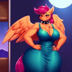 Size: 3072x3072 | Tagged: suggestive, derpibooru import, editor:parzive1, machine learning generated, stable diffusion, scootaloo, anthro, pegasus, ai content, big breasts, blushing, breasts, busty scootaloo, chest fluff, clothes, collar, derpibooru exclusive, dress, female, generator:purplesmart.ai, hand on hip, high res, image, large wings, long hair, long tail, looking at you, muscles, older, older scootaloo, png, prompter:parzive1, sexy, solo, spiked collar, strong, strongaloo, stupid sexy scootaloo, tail, thick, thighs, thunder thighs, wide hips, wings