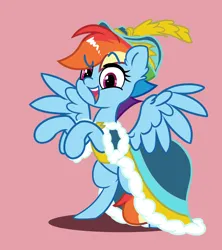 Size: 2000x2250 | Tagged: safe, artist:fakkajohan, derpibooru import, rainbow dash, pegasus, pony, alternate hairstyle, clothes, coronation dress, dress, female, hat, image, looking at you, open mouth, open smile, png, raised hoof, raised hooves, simple background, smiling, solo, spread wings, wings