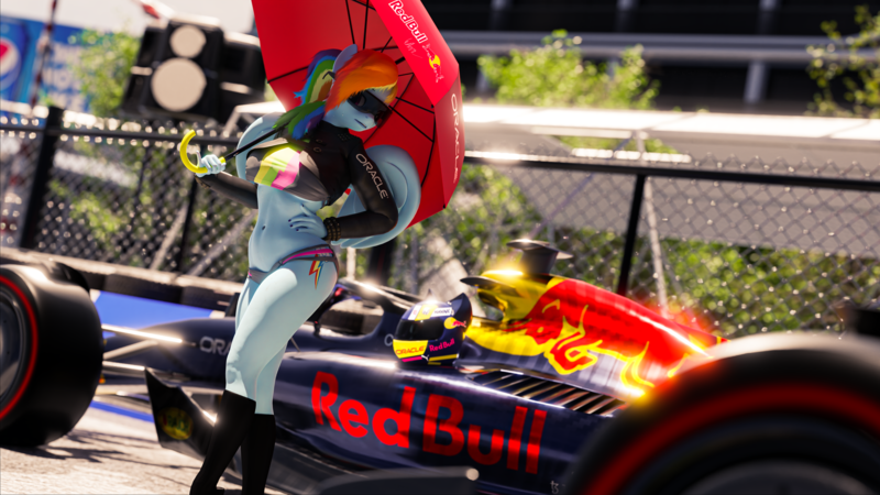 Size: 3840x2160 | Tagged: suggestive, artist:laylahorizonsfm, derpibooru import, rainbow dash, anthro, pegasus, 3d, 4k, barrier, blender, boots, bra, car, clothes, crop top bra, drink, energy drink, fence, formula 1, g4, glasses, grid girl, helmet, high res, image, looking at you, midriff, motorsport, nexgen, outdoors, panties, pepsi, png, pose, race queen, race track, racecar, red bull, sexy, shoes, soda, solo, speaker, sunny day, sweat, umbrella, underwear