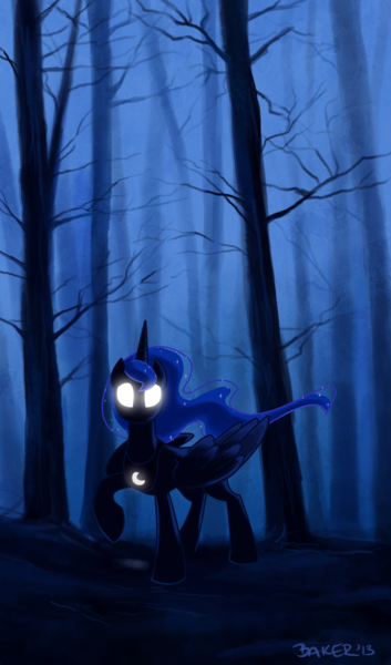 Size: 2000x3404 | Tagged: safe, artist:lopoddity, banned from derpibooru, deleted from derpibooru, derpibooru import, princess luna, alicorn, pony, 2013, armor, armored pony, artifact, blue coat, dark, female, flowing mane, flowing tail, forest, glow, glowing eyes, image, mare, nature, night, night sky, ominous, png, raised leg, rearing, signature, sky, solo, tail, tree, white eyes
