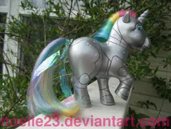 Size: 2816x2112 | Tagged: safe, artist:noelle23, derpibooru import, ponified, pony, robot, robot pony, unicorn, g1, customized toy, horn, image, irl, jpeg, outdoors, photo, raised hoof, robot unicorn attack, solo, tail, tail wrap, toy, tree branch