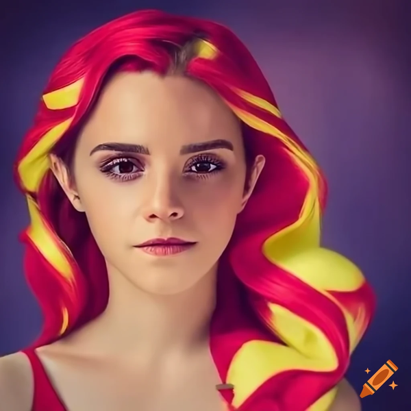 Size: 1024x1024 | Tagged: safe, derpibooru import, machine learning generated, sunset shimmer, human, ai content, bust, clothes, cosplay, costume, emma watson, female, generator:craiyon, image, irl, irl human, photo, png, portrait, purple background, realistic, simple background, solo