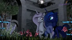 Size: 3840x2160 | Tagged: safe, artist:melodiousmarci, derpibooru import, fleur-de-lis, princess luna, alicorn, unicorn, 3d, flower, folded wings, garden, grass, image, looking at each other, looking at someone, moon, night, png, source filmmaker, talking, tree, walking, wings