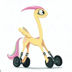 Size: 1024x1024 | Tagged: safe, derpibooru import, machine learning generated, fluttershy, original species, wheelpone, ai content, bing ai, image, long neck, mane, png, segway, simple background, solo, species swap, tail, vehicle, wheel, white background, wings