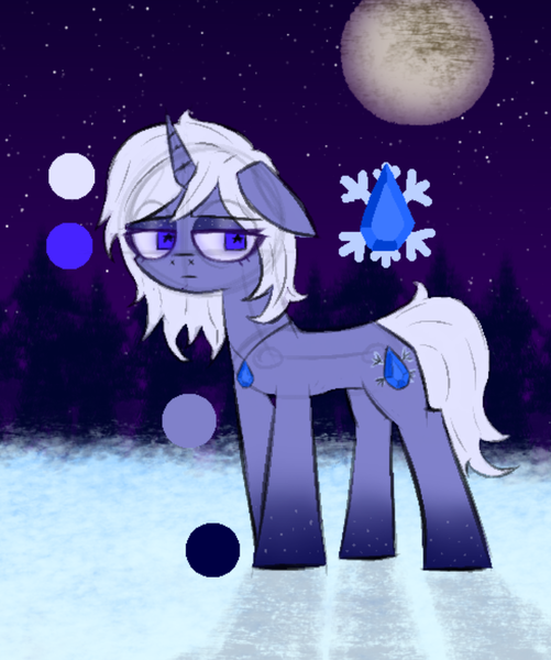 Size: 693x830 | Tagged: safe, artist:xxv4mp_g4z3rxx, derpibooru import, oc, oc:scarlet frost, unofficial characters only, pony, unicorn, female, horn, image, mare, moon, night, png, reference sheet, sapphire, snow, solo, stars, tree, unicorn oc