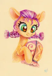Size: 824x1200 | Tagged: safe, artist:maytee, derpibooru import, sunny starscout, earth pony, pony, g5, colored pencil drawing, cute, daaaaaaaaaaaw, female, filly, filly sunny starscout, hoof hold, image, lantern, paper lantern, png, solo, sunnybetes, traditional art, twin braids, younger