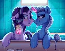 Size: 2250x1750 | Tagged: suggestive, artist:shadowreindeer, derpibooru import, starlight glimmer, trixie, pony, unicorn, bathing, bathroom, blushing, eye clipping through hair, female, floppy ears, flustered, image, jpeg, lesbian, long eyelashes, looking at someone, mare, shipping, smiling, sponge, startrix, wet, wet mane