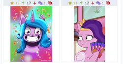 Size: 1290x671 | Tagged: safe, derpibooru import, edit, edited screencap, screencap, izzy moonbow, pipp petals, pegasus, pony, unicorn, derpibooru, twibooru, g5, my little pony: tell your tale, candy, card, cropped, food, gradient background, grin, holiday, image, insanity, jpeg, juxtaposition, lollipop, looking at you, meta, pipp petals is not amused, smiling, smiling at you, unamused
