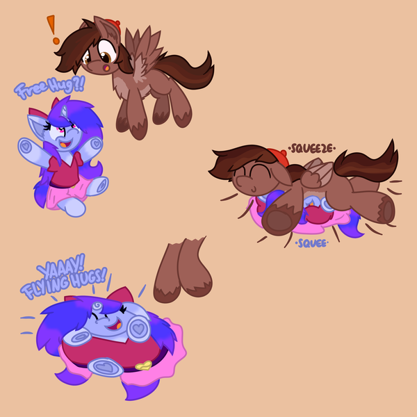 Size: 5000x5000 | Tagged: safe, artist:silvaqular, derpibooru import, oc, oc:autumn rosewood, oc:qular, pegasus, unicorn, belt, bow, clothes, flattened, flattening, fluffy, happy, hat, hug, image, outfit, png, shirt, skirt, squeezing, squished