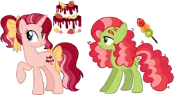 Size: 1815x984 | Tagged: safe, artist:strawberry-spritz, derpibooru import, earth pony, pony, unicorn, bow, female, hair bow, image, magical lesbian spawn, mare, offspring, parent:applejack, parent:pinkie pie, parent:rarity, parent:tree hugger, parents:rarijack, png, simple background, tail, tail bow, transparent background