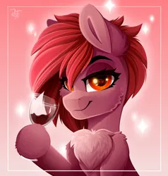 Size: 2000x2100 | Tagged: safe, artist:rainbowfire, derpibooru import, oc, unofficial characters only, earth pony, pony, alcohol, cute, female, glass, image, looking at you, mare, png, raised hoof, red eyes, simple background, smiling, solo, wine, wine glass