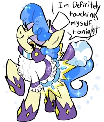 Size: 830x971 | Tagged: suggestive, artist:muffinz, derpibooru import, sapphire shores, earth pony, pony, excessive sparkles, image, implied masturbation, png, simple background, solo, speech bubble, text, white background