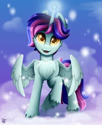 Size: 2200x2700 | Tagged: safe, artist:rainbowfire, derpibooru import, starlight glimmer, oc, unofficial characters only, alicorn, pegasus, pony, unicorn, cloud, cute, grin, horn, image, looking at you, magic, magic aura, male, night, open mouth, png, raised hoof, simple background, sky, smiling, solo, spread wings, stallion, wings, yellow eyes