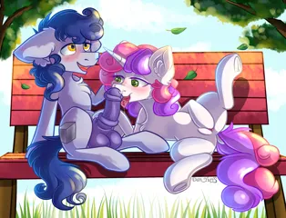 Size: 2504x1914 | Tagged: explicit, alternate version, artist:yuris, derpibooru import, sweetie belle, oc, earth pony, pony, unicorn, adult, alternate hairstyle, bench, blushing, butt, commission, ears up, female, floppy ears, frog (hoof), image, lies, nudity, open mouth, oral, park, park bench, penis, plot, png, sex, shipping, sitting, smiling, underhoof, vagina