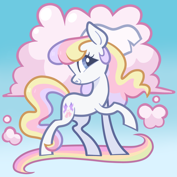 Size: 5000x5000 | Tagged: safe, derpibooru import, dainty dove (g2), earth pony, pony, g2, cloud, cloudy, g2 to g4, g4, generation leap, gradient background, image, multicolored hair, multicolored mane, multicolored tail, png, rainbow, show accurate, solo, tail