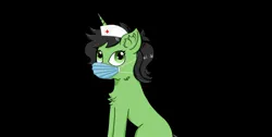 Size: 1920x966 | Tagged: safe, artist:nismorose, derpibooru import, oc, oc:anon, oc:anonfilly, oc:green, unofficial characters only, pony, unicorn, fanfic:trust once lost, cheek fluff, chest fluff, digital art, ear fluff, fanfic art, female, filly, foal, hat, horn, image, jpeg, looking up, mask, no cutie marks yet, nurse hat, ponytail, simple background, sitting