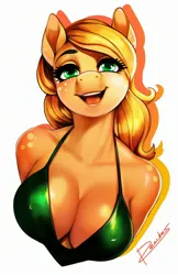 Size: 1588x2454 | Tagged: suggestive, artist:therocknrollmartian, derpibooru import, machine learning assisted, peachy pie, anthro, earth pony, absolute cleavage, ai content, big breasts, breasts, busty peachy pie, cleavage, clothes, dress, erect nipples, evening dress, female, freckles, image, jpeg, looking at you, nipple outline, older, open mouth, shoulder freckles, simple background, solo, solo female, white background