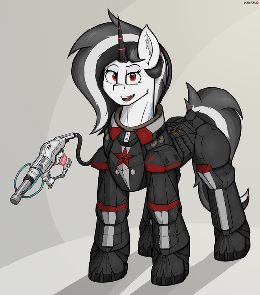 Size: 2640x3000 | Tagged: safe, artist:marusya, derpibooru import, oc, oc:schworz, pony, unicorn, fallout equestria, armor, hammer and sickle, horn, image, levitation, magic, png, power armor, red star, shadow, simple background, solo, telekinesis, weapon