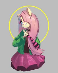 Size: 2092x2620 | Tagged: safe, artist:i love hurt, derpibooru import, fluttershy, anthro, pegasus, challenge, choker, clothes, draw this in your style, dtiys emoflat, emo, evening gloves, female, fingerless elbow gloves, fingerless gloves, gloves, gray background, grin, hair over one eye, hands together, image, jacket, long gloves, looking up, plaid skirt, png, simple background, skirt, smiling, solo, spiked choker, striped gloves