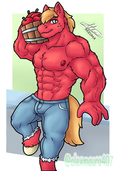 Size: 515x755 | Tagged: safe, artist:alexmauro407, derpibooru import, big macintosh, anthro, earth pony, unguligrade anthro, abs, apple, clothes, food, great macintosh, hooves, image, jpeg, looking at you, male, male nipples, muscles, muscular male, nipples, nudity, pants, partial nudity, pecs, red body, solo, stupid sexy big macintosh, tail, topless