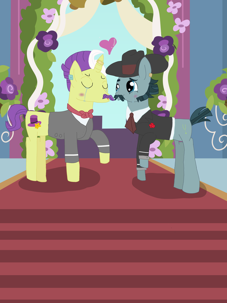 Size: 3024x4032 | Tagged: safe, derpibooru import, dandy grandeur, turner mccolt, earth pony, pony, unicorn, clothes, cute, digital art, duo, duo male, eyes closed, facial hair, gay, gay marriage, image, male, marriage, mccolt family, moustache, png, stallion, wedding