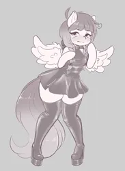 Size: 2064x2821 | Tagged: safe, artist:valcanicwitch, derpibooru import, oc, oc:arwencuack, unofficial characters only, anthro, pegasus, arm hooves, blushing, breasts, female, gray background, image, latex, latex boots, latex dress, looking at you, png, simple background, sketch, solo