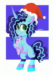 Size: 2039x2893 | Tagged: safe, artist:skylinepony_, derpibooru import, izzy moonbow, pony, unicorn, g5, spoiler:g5, christmas, clothes, doll, hat, holiday, image, jpeg, misty brightdawn, santa hat, simple background, socks, solo, striped socks, toy, white background