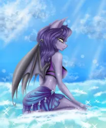 Size: 1332x1600 | Tagged: safe, artist:agleo, derpibooru import, oc, oc:amelia valkyria, unofficial characters only, anthro, bat pony, unguligrade anthro, beach, clothes, image, png, solo, swimsuit, water, wings, yellow eyes