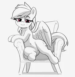 Size: 1464x1506 | Tagged: safe, artist:pabbley, derpibooru import, rainbow dash, pegasus, pony, bedroom eyes, belly button, chair, cute, dashabetes, eyebrows, eyebrows visible through hair, female, grayscale, image, jpeg, looking at you, mare, monochrome, partial color, simple background, sitting, smiling, smiling at you, solo, white background